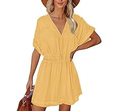 LookbookStore Denim Dress for Women Chambray Batwing Sleeves Smocked Waist A-line Short Jean Dresses | Amazon (US)
