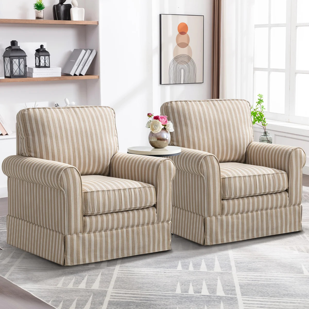 Eilzabeth 33" W Modern Soft Wide Upholstered Striped Swivel Arm Accent Chair | Wayfair North America