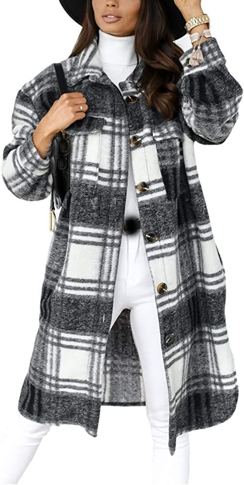 PUWEI Women's Long Flannel Plaid Jacket Shacket Cozy Lapel Button Down Shirt Jacket Fuzzy Trench ... | Amazon (US)