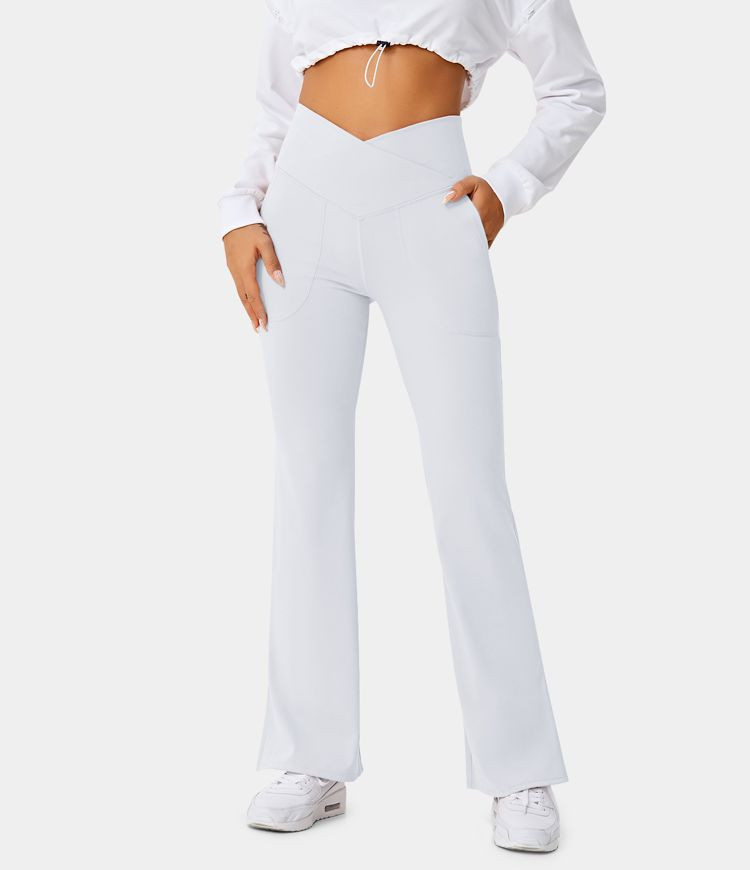 Women’s Crossover Pocket Split Hem Full Length Flare Leggings-Smile - HALARA | HALARA