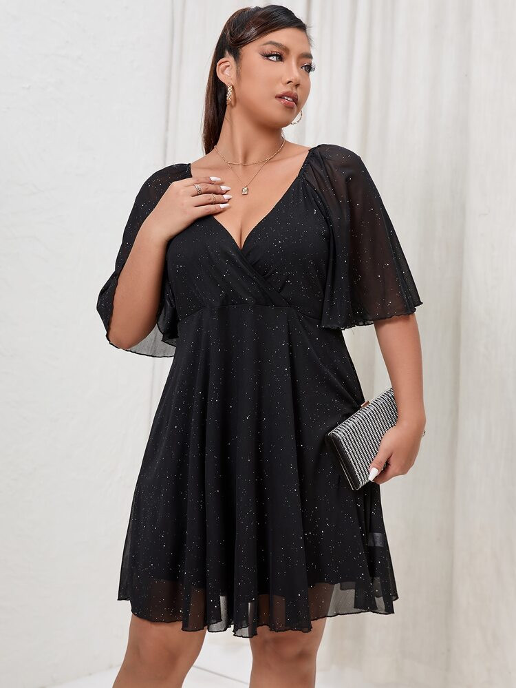 Plus Flutter Sleeve Overlap Collar Mesh Dress | SHEIN