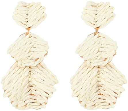 Bohemian Raffia Dangle Earrings for Women- Lightweight Straw Wrap Natural Rattan Leaf Drop Earrin... | Amazon (US)