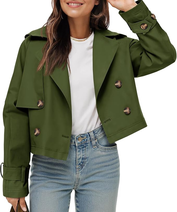 Tankaneo Womens Cropped Trench Coat Lapel Double Breasted Short Jacket Outwear | Amazon (US)