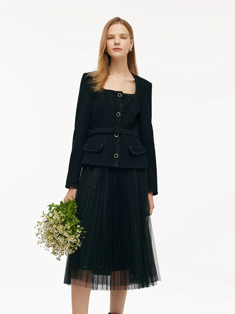 Wool Crop Jacket And Tulle Skirt Two-Piece Set With Belt | GOELIA