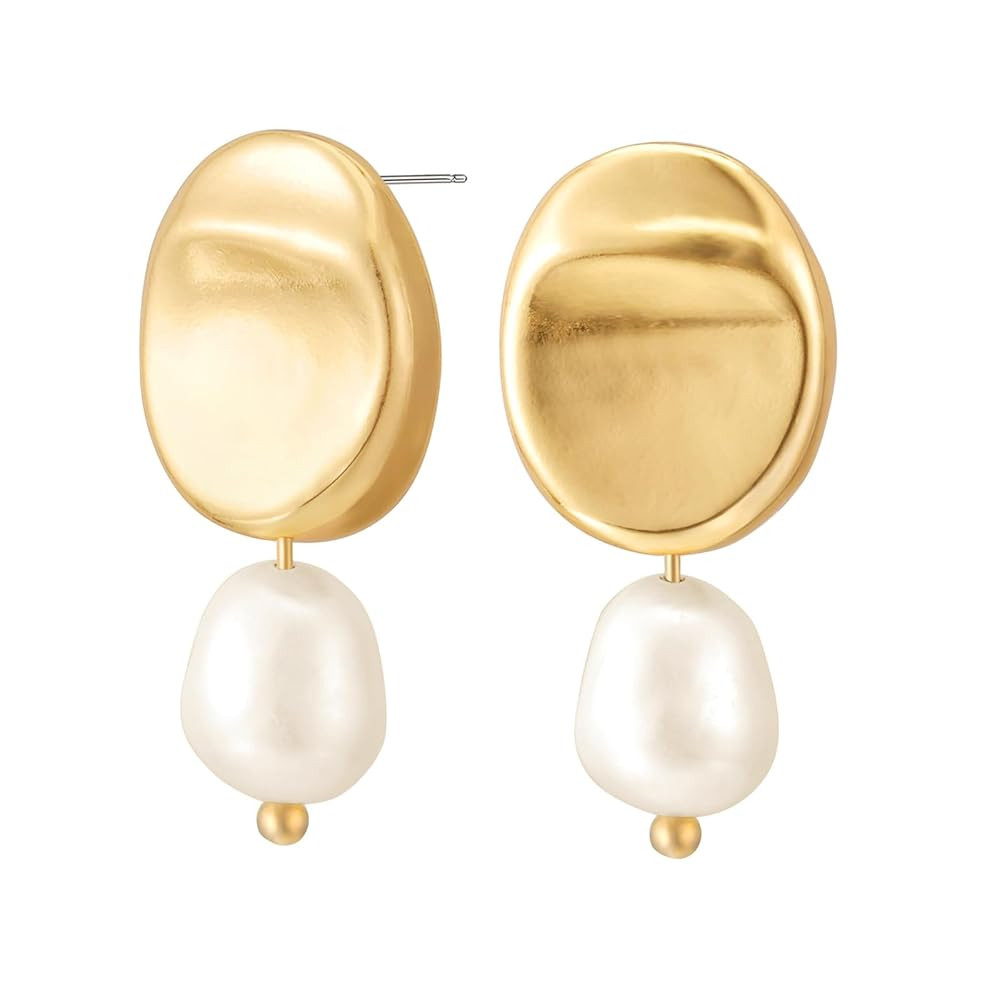 Gold Earrings 14k Gold Plated Hoop Earrings Dainty Pearl hoop Disc Coin Bead Starfish Teardrop Ci... | Amazon (US)