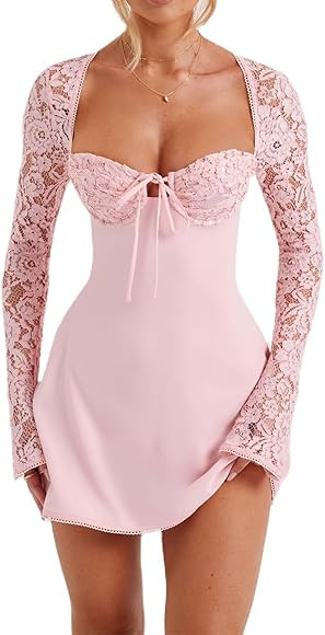 LOVHOT Figurbetontes Minikleid für Damen, Y2K, quadratischer Ausschnitt, lange Ärmel, Bustier, ... | Amazon (DE)