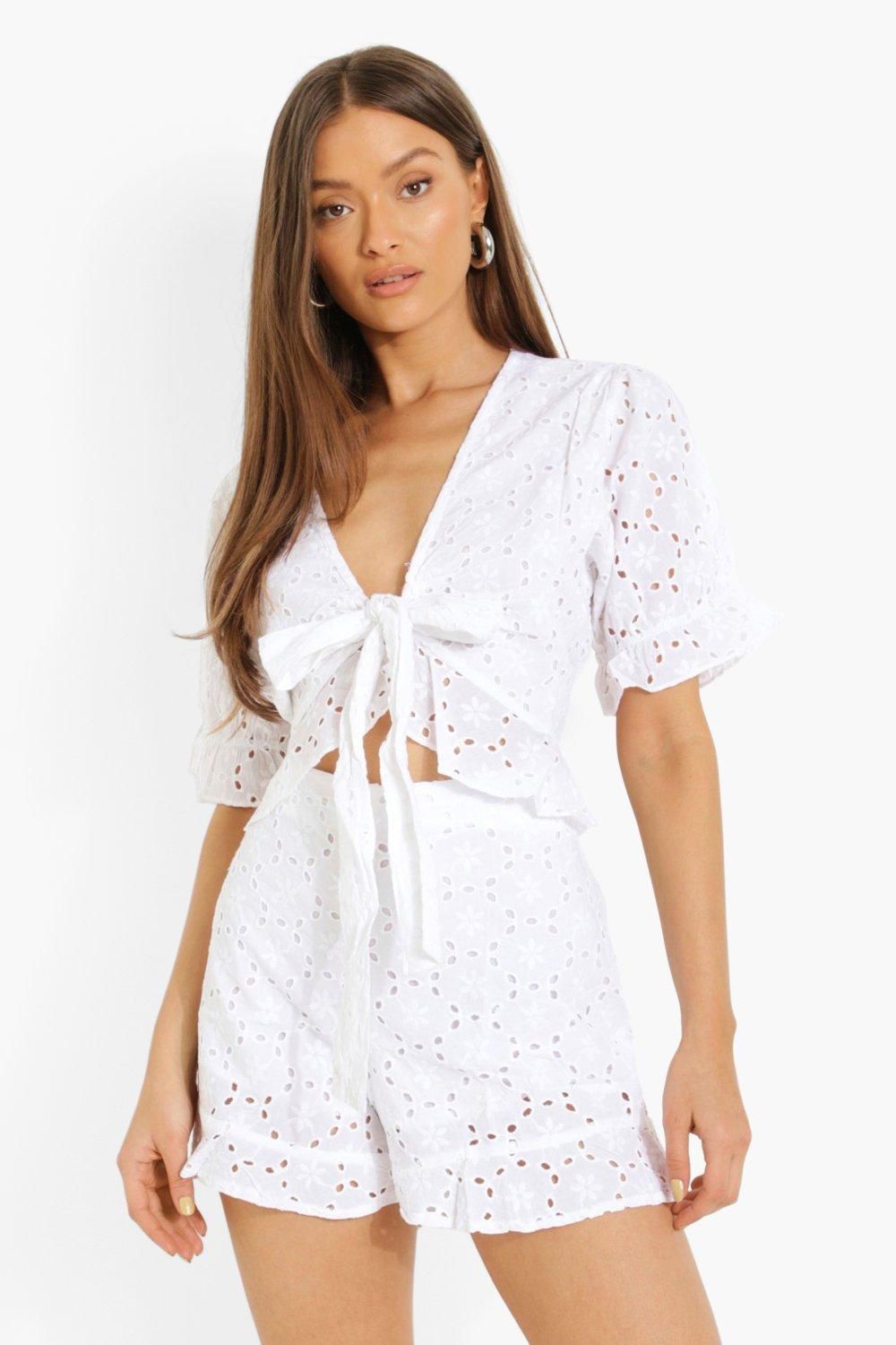 Eyelet Knot Crop & Ruffle Hem Shorts | Boohoo.com (US & CA)