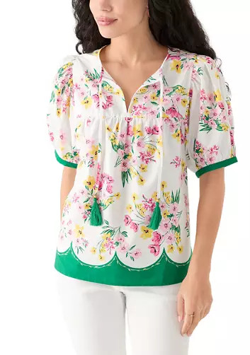 Crown & Ivy™ Women's Puff Sleeve Tassel Neck Printed Top | Belk