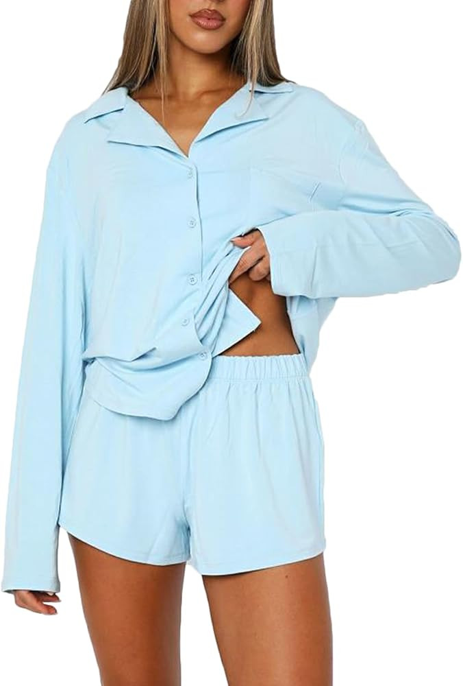 RUEWEY Women 2 Piece Pajamas Set Button up Long Sleeves Shirt and Elastic Shorts Set Loungewear S... | Amazon (US)
