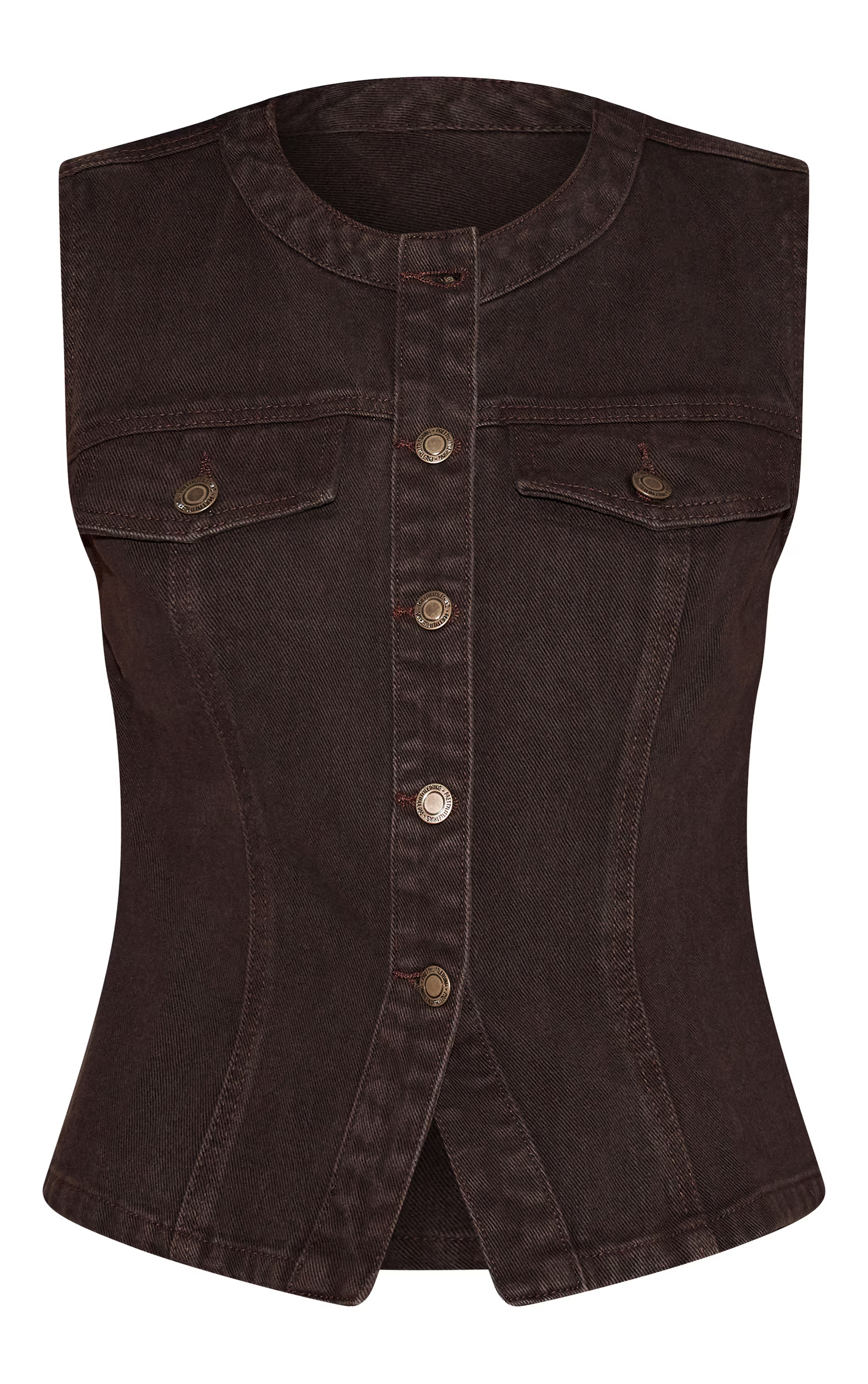 Dark Chocolate Collarless Button Up Denim Top | PrettyLittleThing US