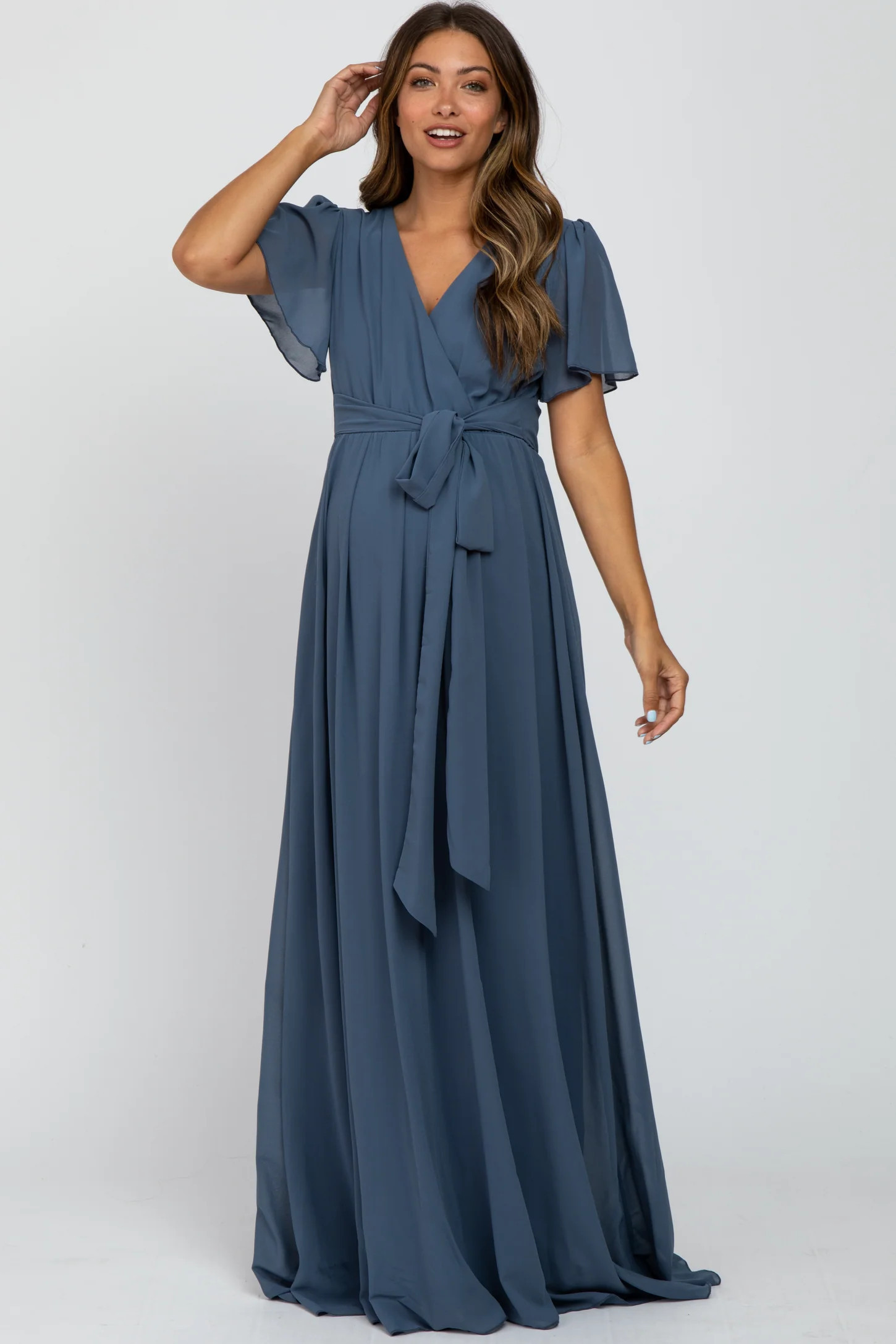 Blue Chiffon Short Sleeve Maternity Maxi Dress | PinkBlush Maternity