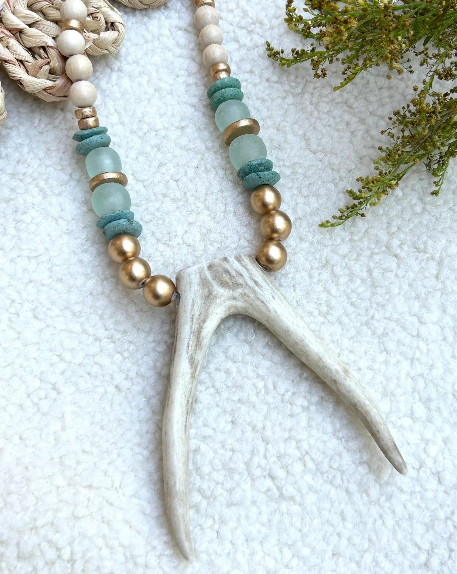 Real Deer Antler Statement Necklace: Chunky Wooden and Ashanti Glass Beads | Etsy (Global)