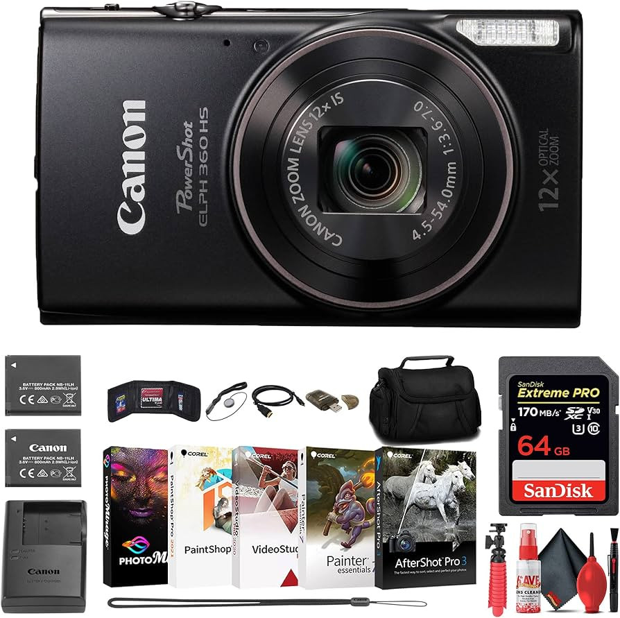 Canon PowerShot ELPH 360 HS Digital Camera (Black) (1075C001) + 64GB Memory Card + NB11L Battery ... | Amazon (US)