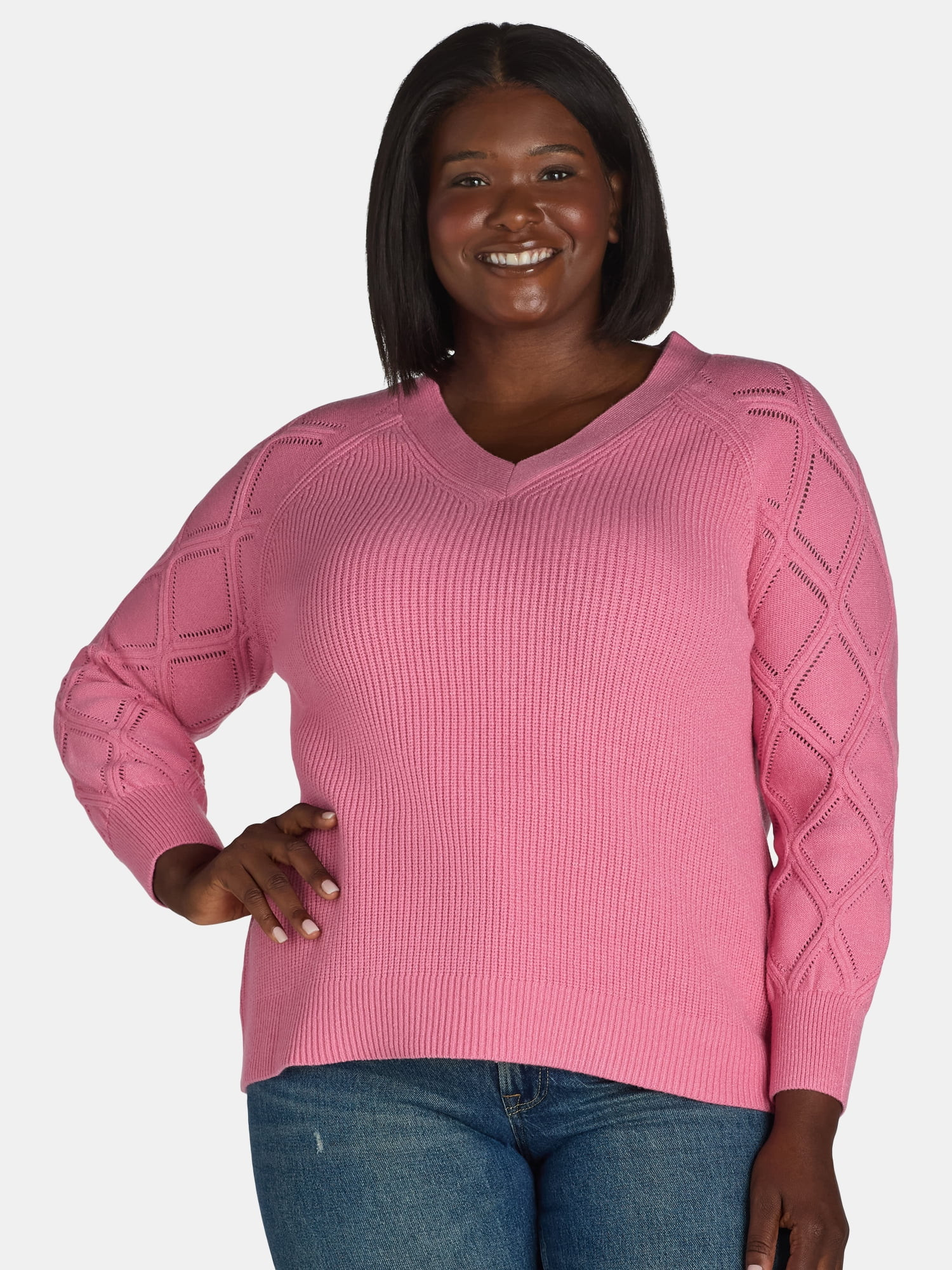 Terra & Sky Women's Plus V-Neck Pointelle Knit Sweater, Midweight, Sizes 1X-5X | Walmart (US)