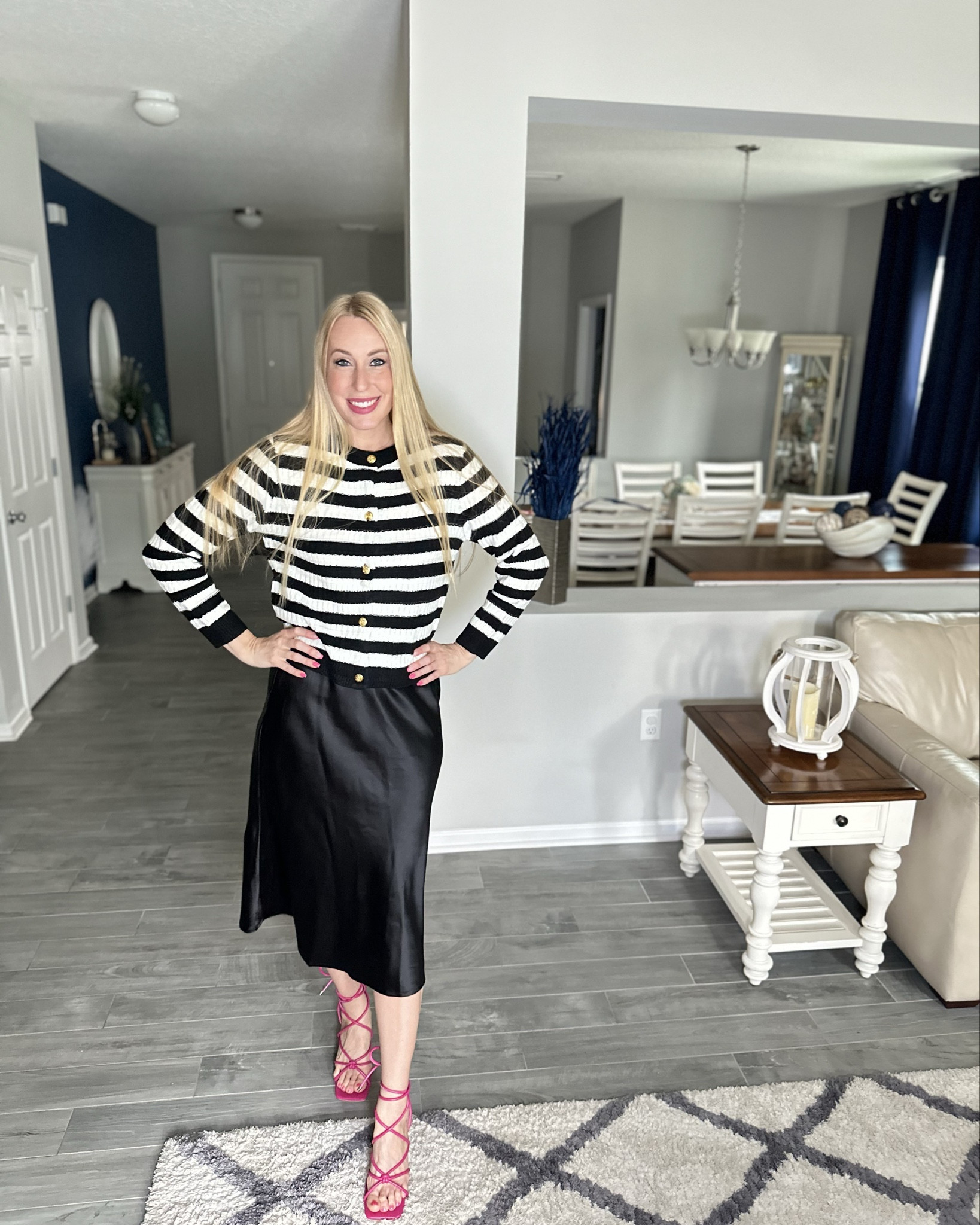 Feeling Parisian 
🤍 I am in love with this outfit combo 
🤍 satin midi skirt and striped cardigan - wearing small in the top and medium in the bottom
💓 teacher outfit, work outfit, date night and girls night out 

#LTKFindsUnder50 #LTKStyleTip #LTKFindsUnder100