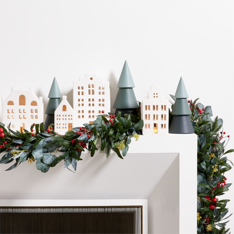 White Ceramic House and Olive Garland Mantel Set | Crate & Barrel | Crate & Barrel