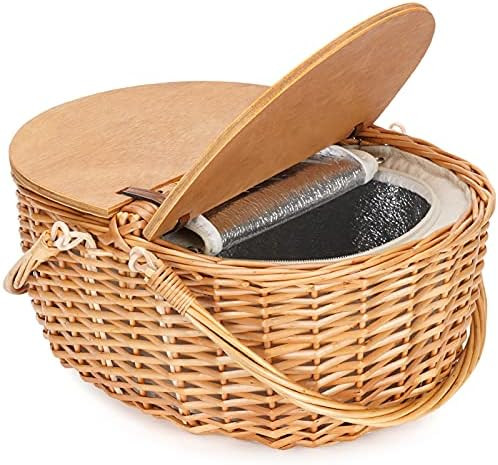 Wicker Picnic Basket with Cooler, Wooden Split Lid Picnic Basket, Vintage-Style Wicker Picnic Hamper | Amazon (US)