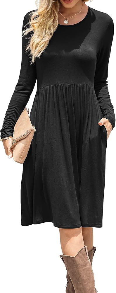 DB MOON Women Casual Long Sleeve Dresses Empire Waist Knee Length Loose Dress with Pockets | Amazon (US)