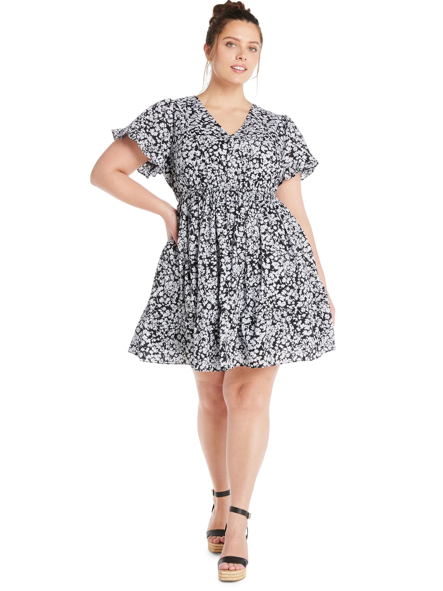 Terra & Sky Women's Plus Size Cotton V-Neck Woven Dress with Short Sleeves, Sizes 0X-5X | Walmart (US)