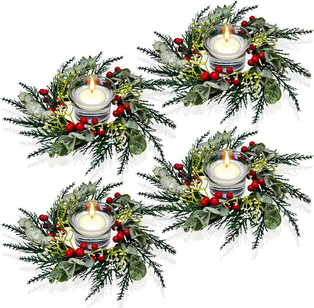 Christmas Candle Rings Artificial Red Berries Snowy Pine Needles Garland Candle Rings Wreaths Can... | Amazon (US)