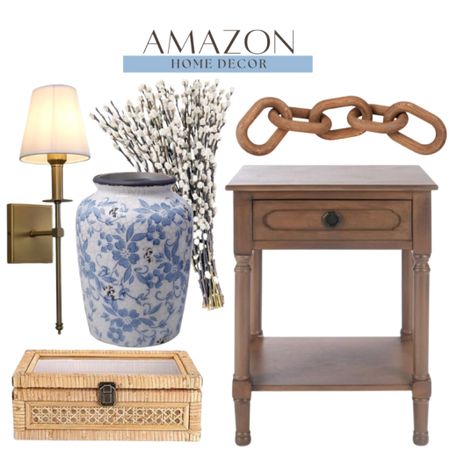 Amazon home decor includes side table, decorative box, wooden link decor, Pussy willow stems, blue vase, sconce.

Home decor, home accents, Amazon finds, coastal decor 

#LTKhome #LTKfindsunder100 #LTKstyletip