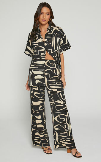 Karla Two Piece Set - Button Up Shirt and Wide Leg Pants Set in Black & Sand Print | Showpo (US, UK & Europe)