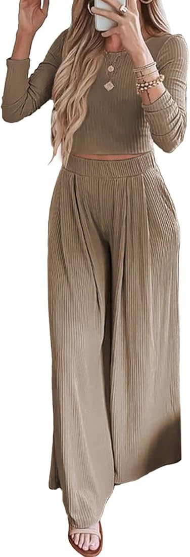 BTFBM Women's Two Piece Lounge Set Long Sleeve Bodycon Ribbed Knit Crop Top Loose Wide Leg Pant C... | Amazon (US)