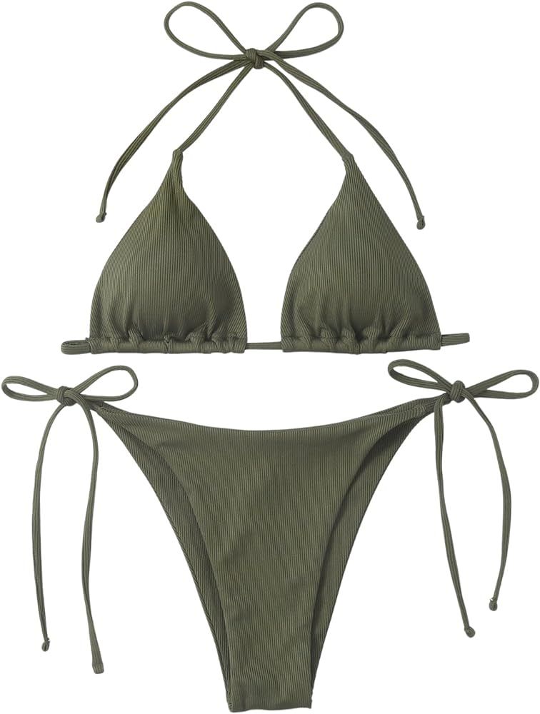 MakeMeChic Women's Halter Tie Side Triangle Bikini Set high Cut 2 Piece Bikini Swimsuit Bathing S... | Amazon (US)