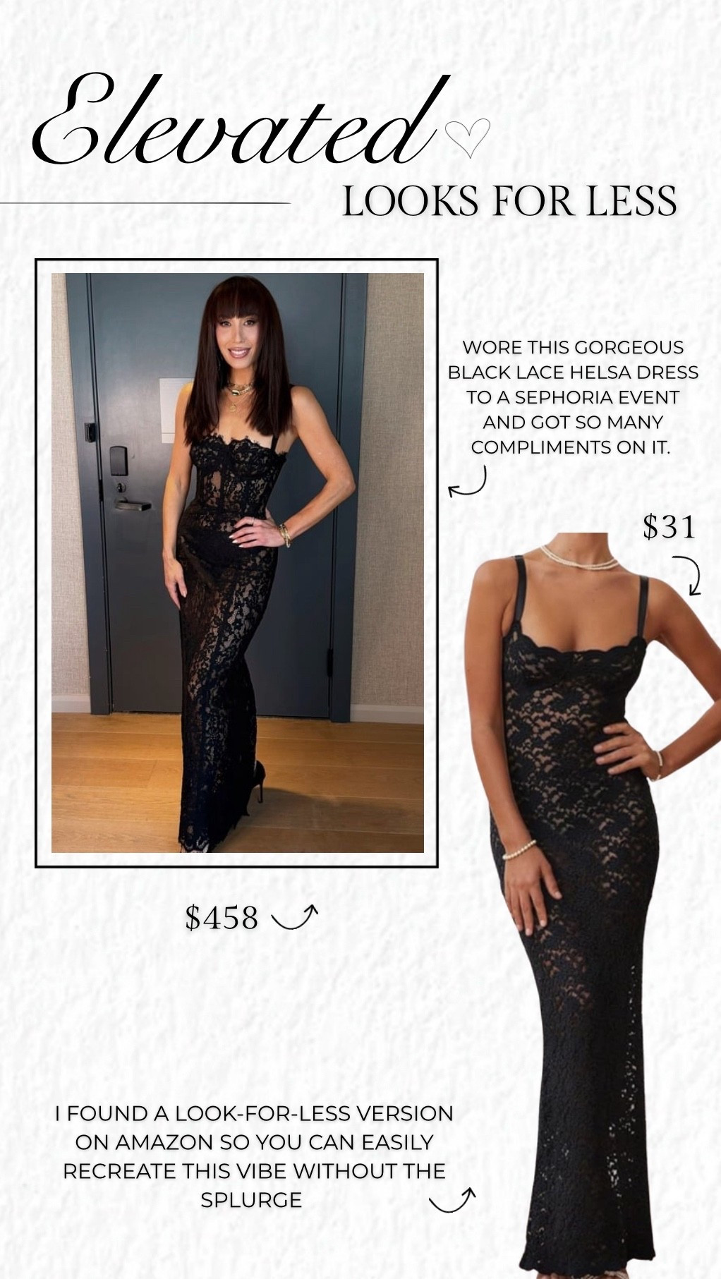 I wore this gorgeous black lace Helsa dress to a Sephoria event and got so many compliments on it 🤍 It felt elegant, timeless, and a little bit bold in the best way.

I found a look-for-less version on Amazon so you can easily recreate this vibe without the splurge.



#LTKTall #LTKSaleAlert #LTKootd