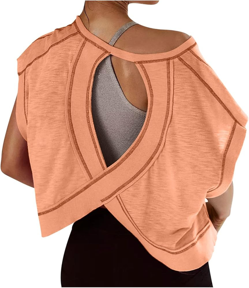 Summer Tops for Womens Open Back Workout Tops Backless Short Sleeve Athletic Shirt Running Crop T... | Amazon (US)