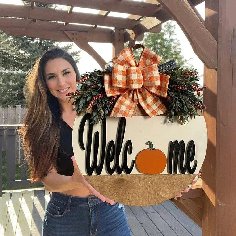 Halloween Thanksgiving Fall Welcome Sign, 12 inches Rustic Pumpkins Front Door Decor with Handmad... | Walmart (US)