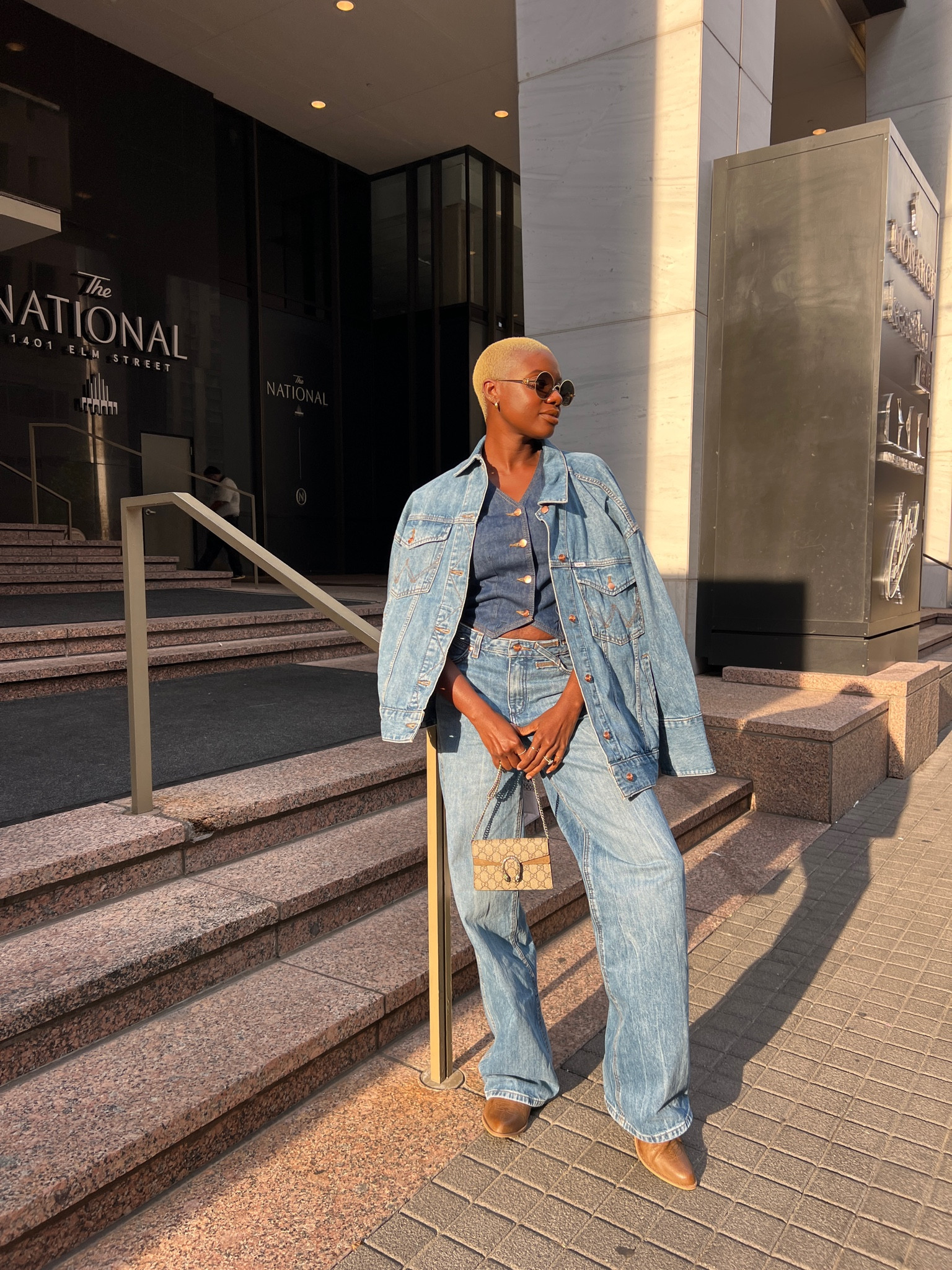 Western party at LTK Con! Staud x Wrangler oversized denim jacket, wide leg denim jeans, dark denim vest and brown western boots brim dsw, gucci cross body  

#LTKworkwear #LTKCon #LTKstyletip