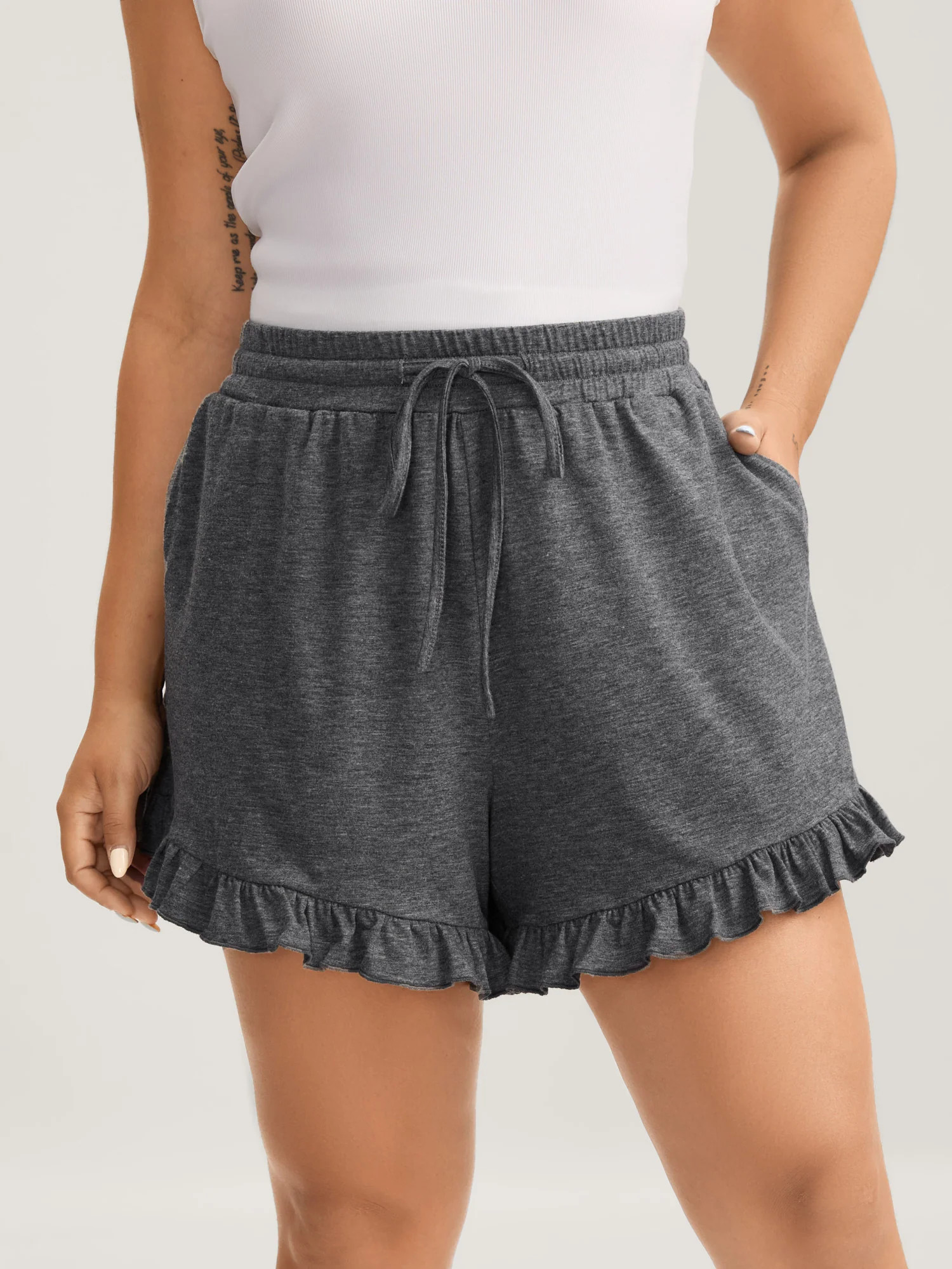 Supersoft Mixed Color Knit Drawstring Ruffled Shorts | Bloomchic