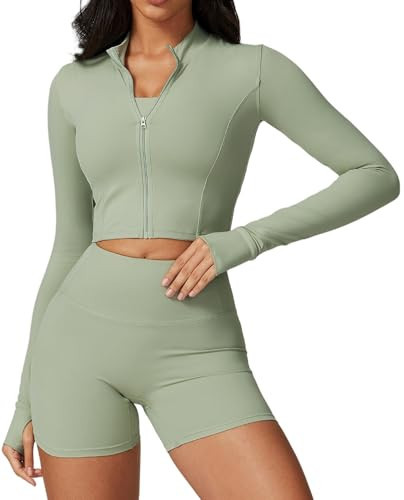 Yknktstc Womens Full Zip Athletic Jacket with Thumbhole Long Sleeve Crop Top Running Workout Yoga Sportswear Shirt S Bean Green | Amazon (US)