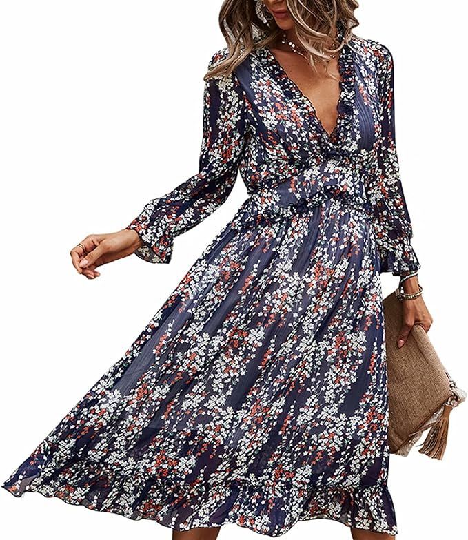 TOLENY Women's V Neck Floral Boho Midi Dress Flowy Flounce Long Sleeve Tunic Swing Dresses | Amazon (US)