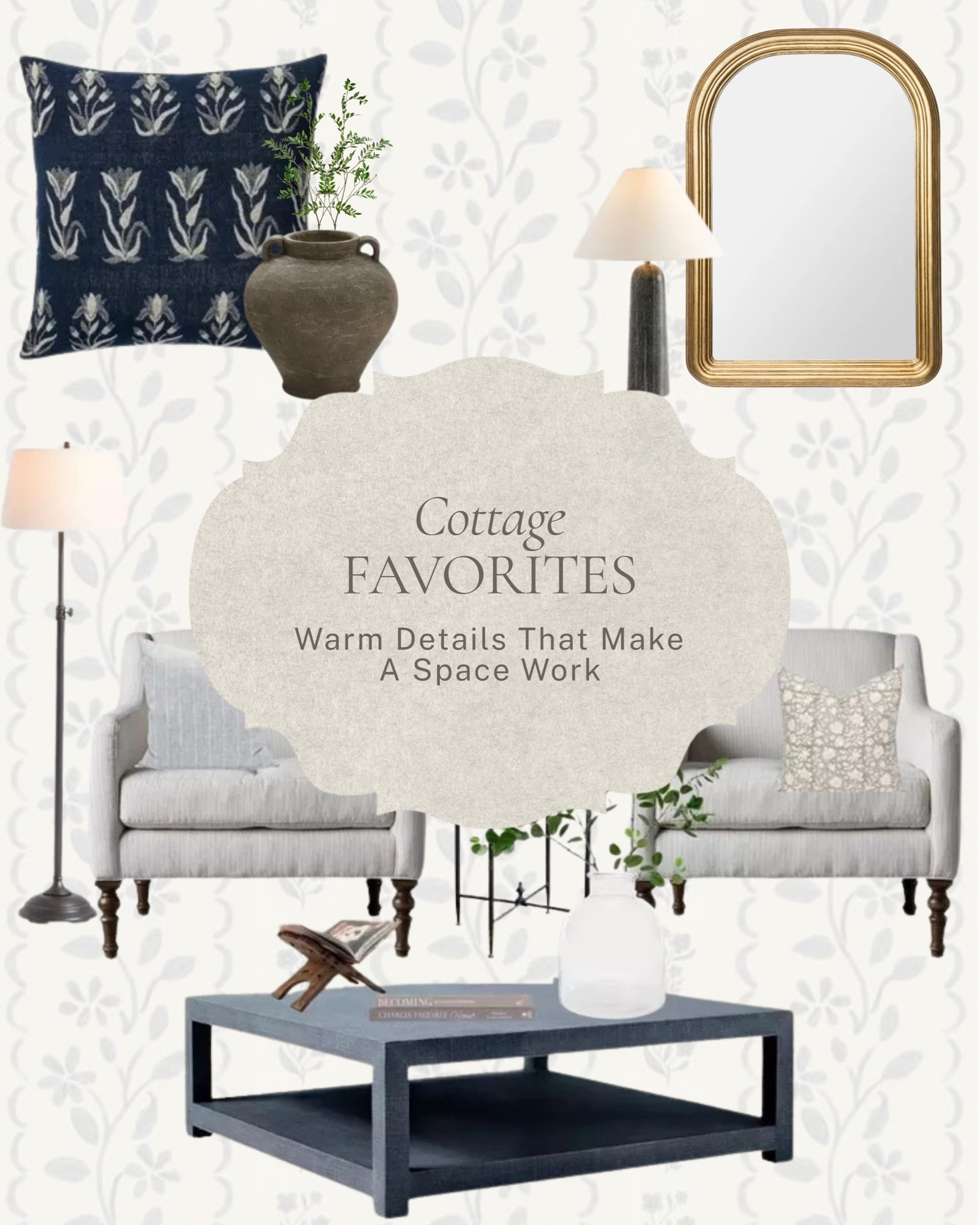 The details that make a room feel warm, functional, and completely pulled together ✨ 

A few cottage favorites: a classic sofa, a navy coffee table, a gilded arch mirror, a moody vase, and those finishing touches that make a space feel designed from every angle. 

All linked here 🤍 

#LTKhome