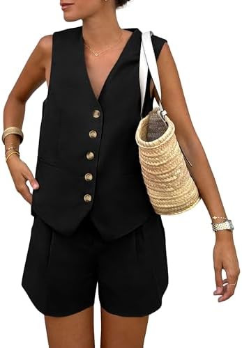 PRETTYGARDEN Women's Summer 2 Piece Outfits Sleeveless Matching Sets Button Down V Neck Vest Wais... | Amazon (US)