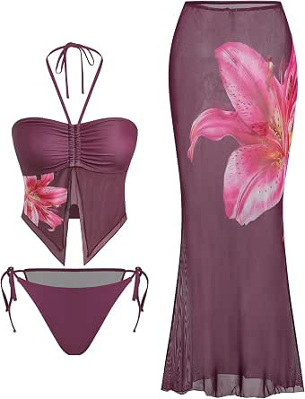 ZAFUL Women 3 Piece Bikini with Cover Up Skirt Halter Bandeau Swimsuit Floral Tie Side Cheeky Bat... | Amazon (US)
