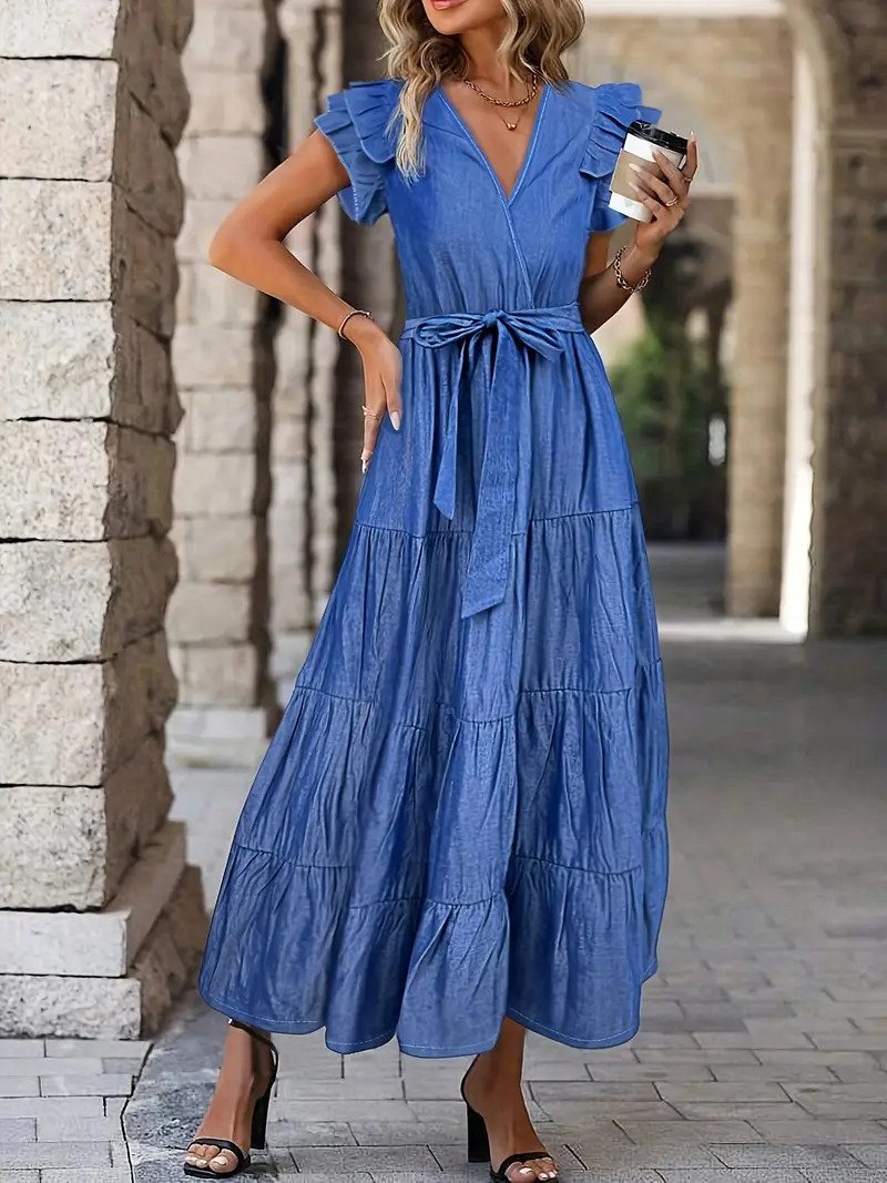 Ruffle Hem Belted Surplice Neck Dress Elegant Layered Ruffle - Temu | Temu Affiliate Program