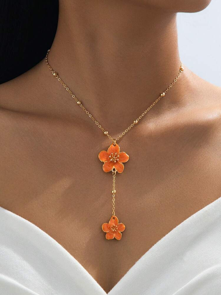 1pc Handmade Elegant Orange Layered 5-Petal Flower Pendant Necklace For Women (No Gift Box. Due To Handcrafted Cutting, The Number Of Beads On The Chain Is Random, But The Final Length Remains Fixed And Does Not Affect The Wearing Effect) | SHEIN