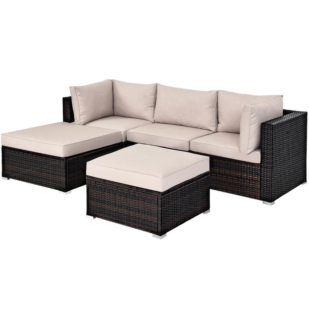 Island 5-Piece Wicker Patio Conversation Set with Beige Cushions | The Home Depot
