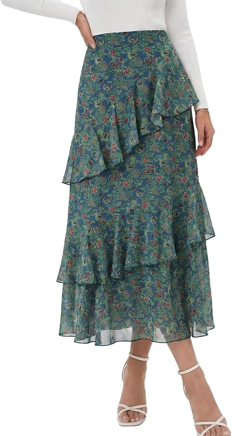 DERAX Women's Floral Boho Midi Skirt A Line Tiered Ruffle Chiffon High Waist 2026 Spring Summer L... | Amazon (US)