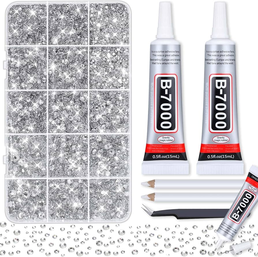 B-7000 Glue with 14000Pcs Craft Rhinestones for Clothes, Resin Silver Rhinestones Flatback Gems N... | Amazon (US)