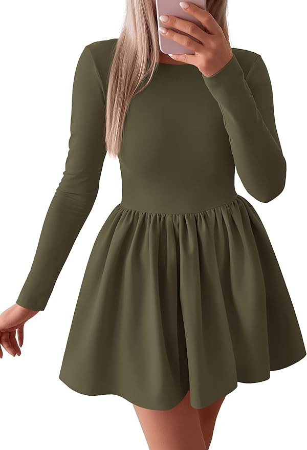 PRETTYGARDEN Women's Long Sleeve Mini Dresses 2025 Fall Casual Crewneck Pleated A Line Party Cock... | Amazon (US)