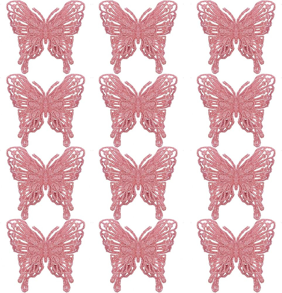 12 PCS Glitter Butterfly Christmas Tree Ornaments, Hollow-Out Butterfly Christmas Decoration with... | Amazon (US)