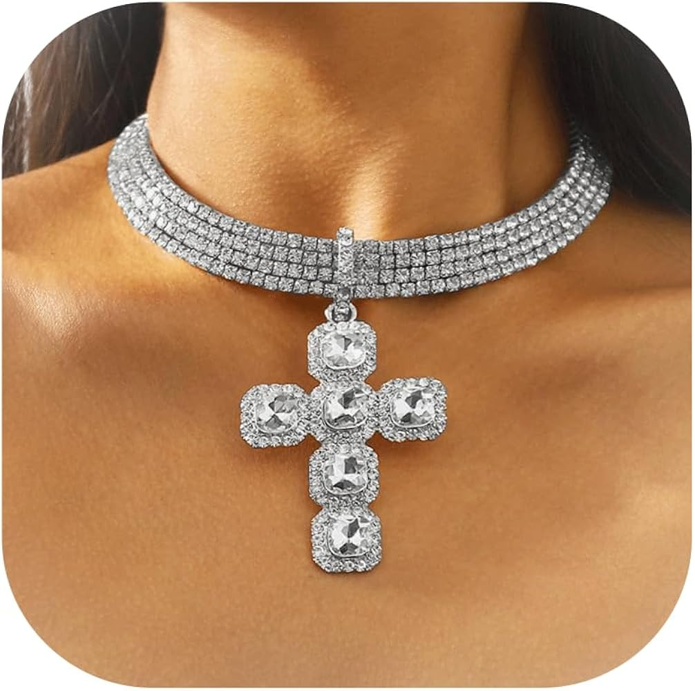 Rhinestone Cross Choker Necklace Cubic Zirconia Iced Out Diamond Tennis Hip Hop Cross Necklace Fo... | Amazon (US)