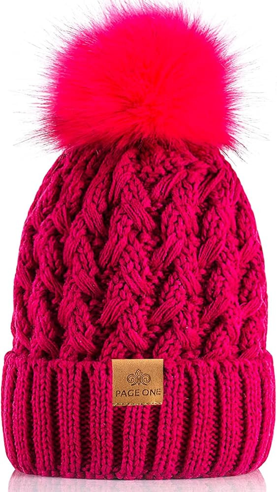PAGE ONE Womens Winter Ribbed Beanie Crossed Cap Chunky Cable Knit Pompom Soft Warm Hat | Amazon (US)