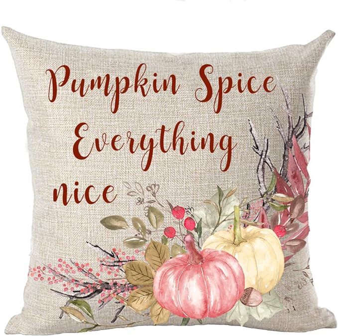 Autumn Fall Maple Leaves Pumpkin Spice and Everything Nice Watercolor Pink Pumpkin Cotton Linen T... | Amazon (US)