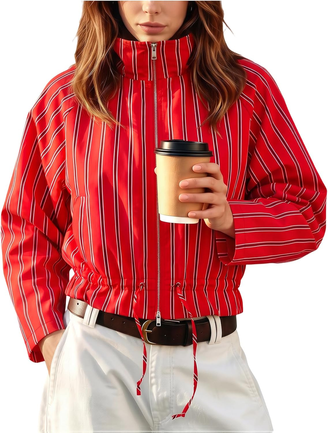 Wyeysyt Womens Striped Cropped Jacket Zip Up Lightweight Jackets | Amazon (US)