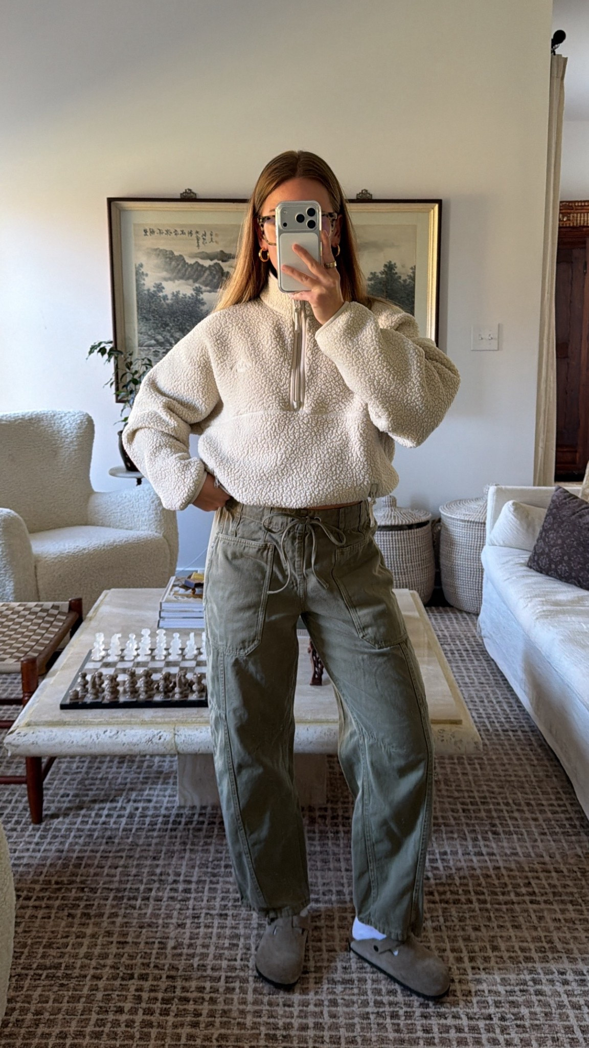 10/28/25 Cozy fall outfit for a slow day out 🍁 Wearing my Aritzia fleece quarter zip (the perfect layering piece - size M) with my Birkenstock Boston clogs and Amazon blue light glasses. My green barrel pants are from Scotch & Soda — can’t link them, but they’re the perfect comfy statement pant for fall.


#LTKStyleTip #LTKSeasonal #LTKShoeCrush